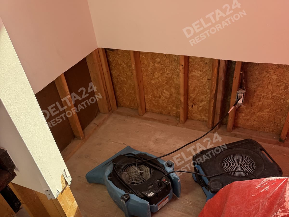 Furniture wrapped and air movers drying the room