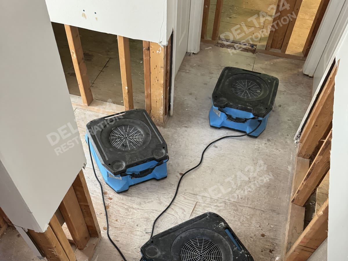 Air movers drying the hallway after the tear-out