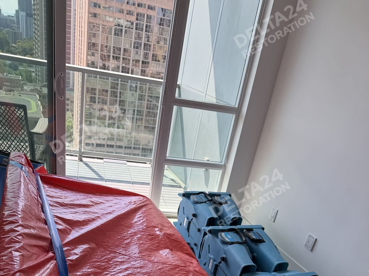 Furniture wrapped in place, with drying equipment beside it