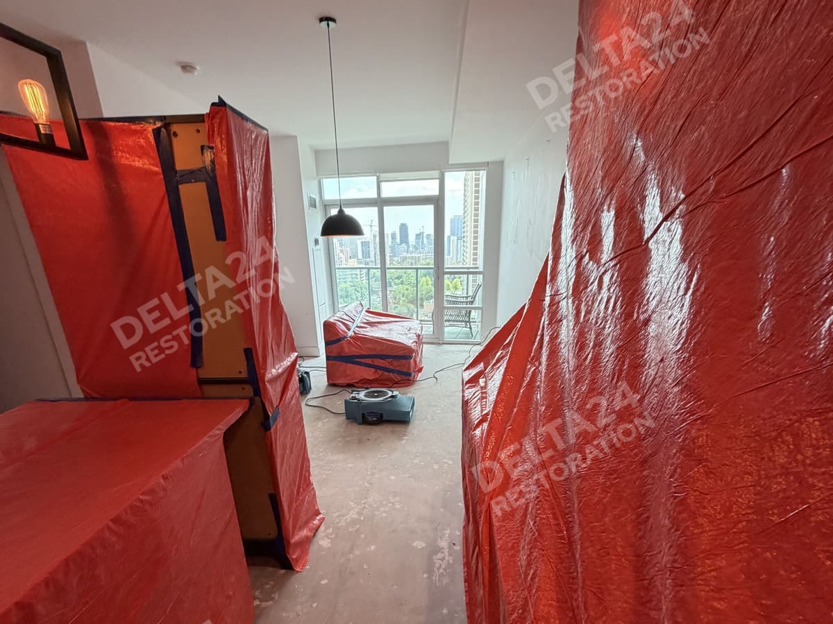Wrapped furniture and containment while the unit dried